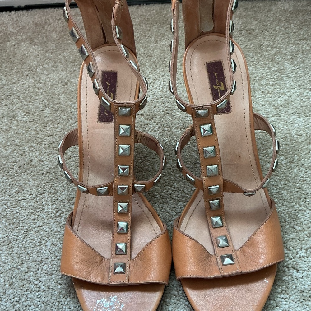 7 For All Mankind Tan Leather Stud T-Strap Heels